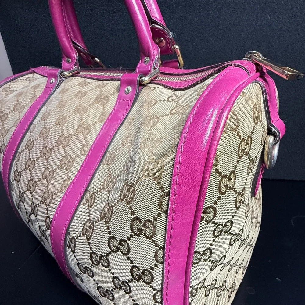 Gucci Beige GG Canvas Satchel with Bright Pink Leather Trim
